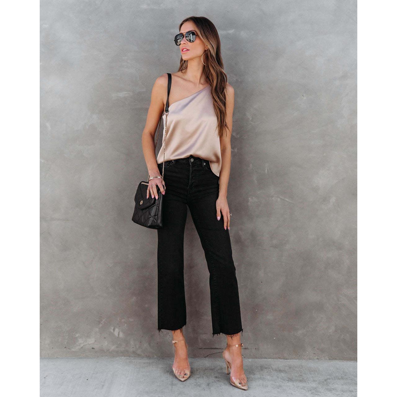 GUJI—13 Women's New Sleeveless One-Shoulder Asymmetrical Neck Satin Tank Top Fashion tubetopandjorts