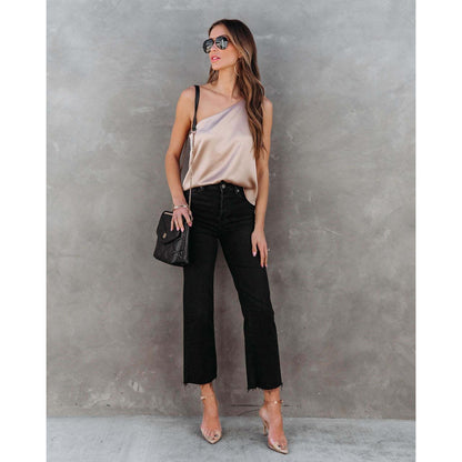 GUJI—13 Women's New Sleeveless One-Shoulder Asymmetrical Neck Satin Tank Top Fashion tubetopandjorts