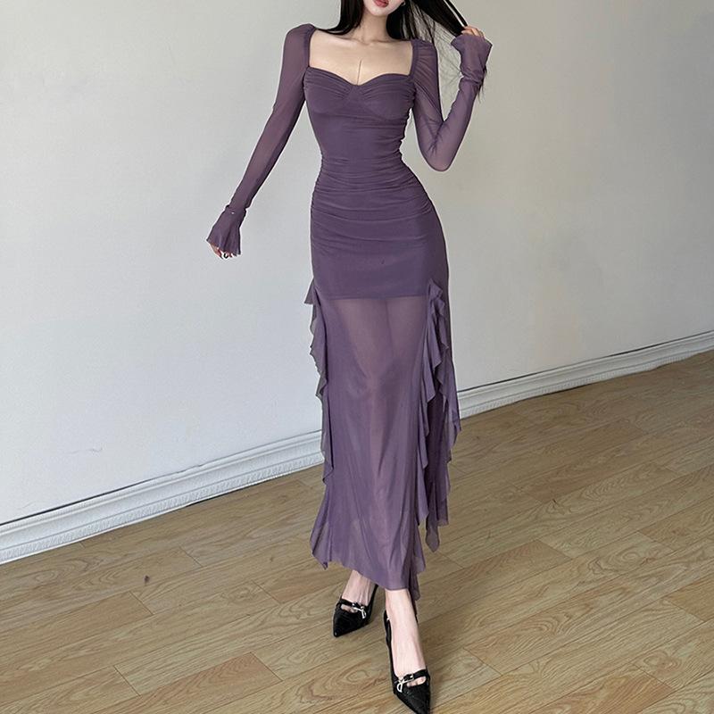 GUJI—161 New Women's Dress With Mesh Ruffle Sleeves And Square Neckline, Unique Design, Long Sleeve Dress Casual Comfort Womenswear Off Shoulder Sexy Formal Dresses Fashion