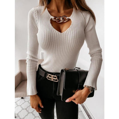 GUJI—19 Elegant Style Mock Neck Long Sleeve V-neck Slim Fit Women's Knit T-shirt Fashion Solid Chic plain minimalist white tanktop she in