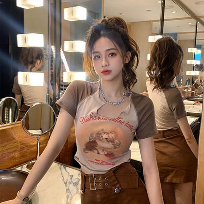 GUJI—10 Vintage Cat Short Sleeve T-Shirt For Women 2024 Summer New Slim Fit Crop Top Sweet And Spicy Blouse Fashion mitsycroptop cheap sweatshirt regular sleeve fashion