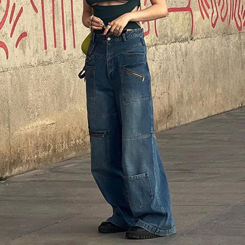 GUJI—221 Women's 2024 New Arrival Ribbon Detail Straight-Leg Wide-Leg Denim Pants