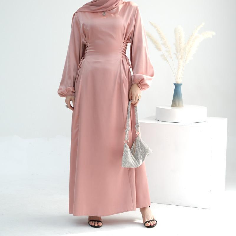TY-603 Abaya Solid Color High-Neck Slim-Fit Ribbon Dress