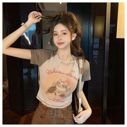GUJI—10 Vintage Cat Short Sleeve T-Shirt For Women 2024 Summer New Slim Fit Crop Top Sweet And Spicy Blouse Fashion mitsycroptop cheap sweatshirt regular sleeve fashion