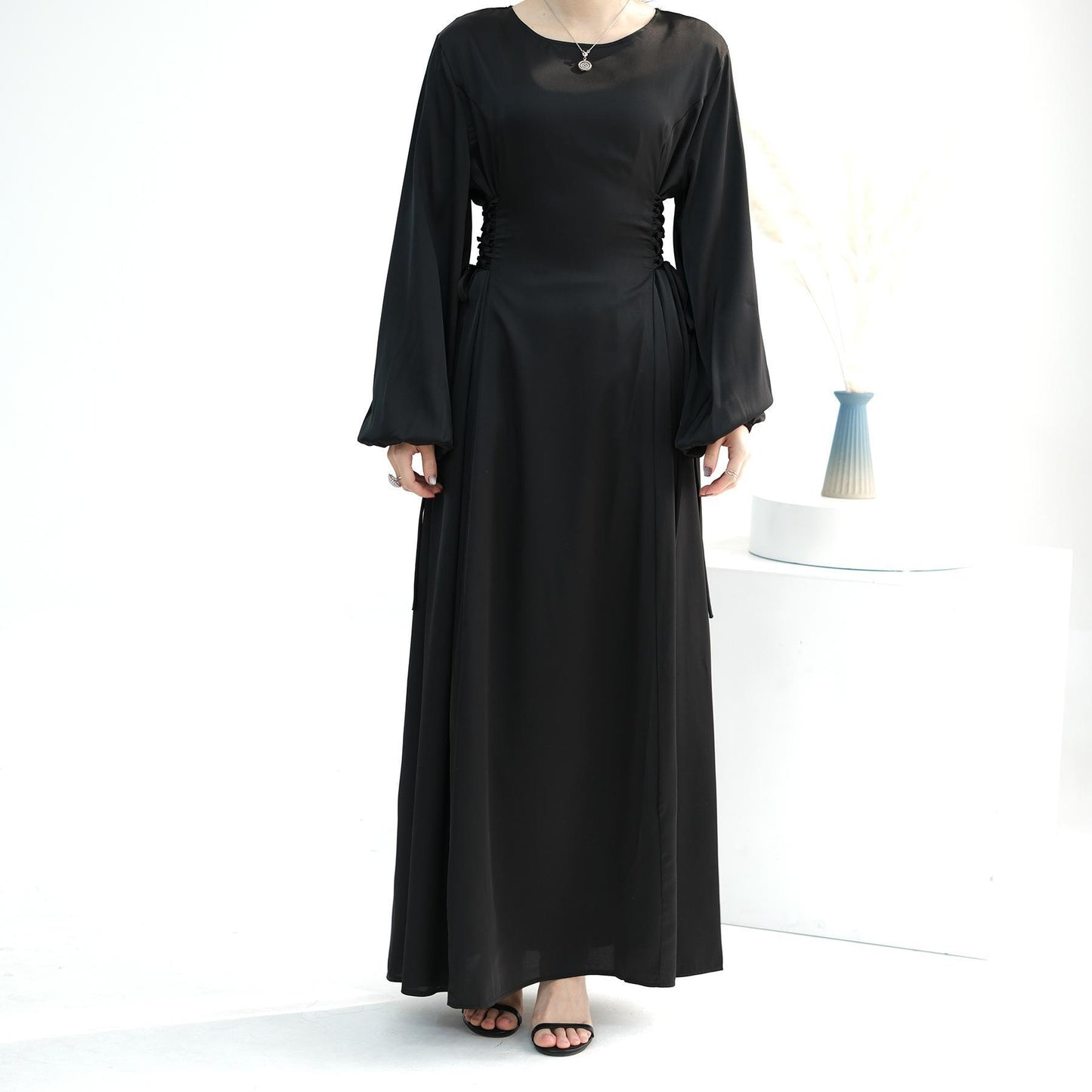 GJ-603 Abaya Solid Color High-Neck Slim-Fit Ribbon Dress