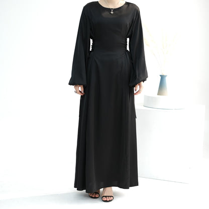 GJ-603 Abaya Solid Color High-Neck Slim-Fit Ribbon Dress