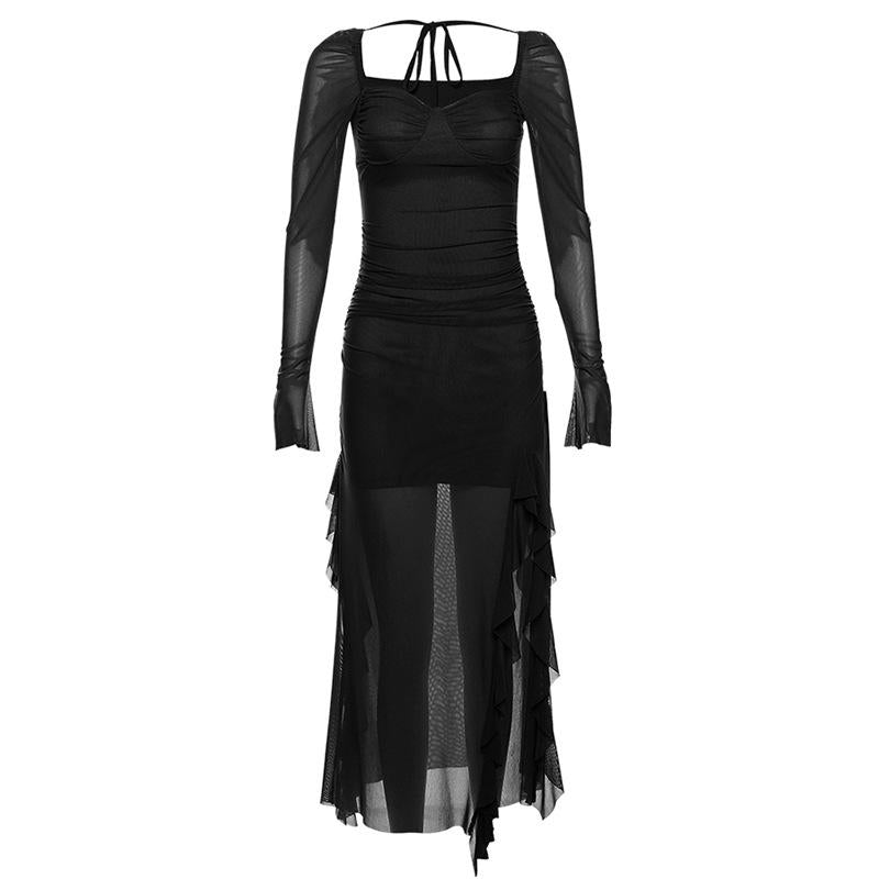 GUJI—161 New Women's Dress With Mesh Ruffle Sleeves And Square Neckline, Unique Design, Long Sleeve Dress Casual Comfort Womenswear Off Shoulder Sexy Formal Dresses Fashion