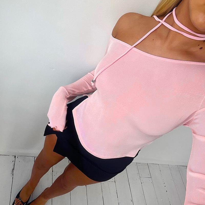 GUJI—193 Women's INS Spring New Arrival Solid Color Off-Shoulder Long Sleeve Slim Fit Fashion Solid Chic