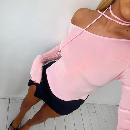 GUJI—193 Women's INS Spring New Arrival Solid Color Off-Shoulder Long Sleeve Slim Fit Fashion Solid Chic