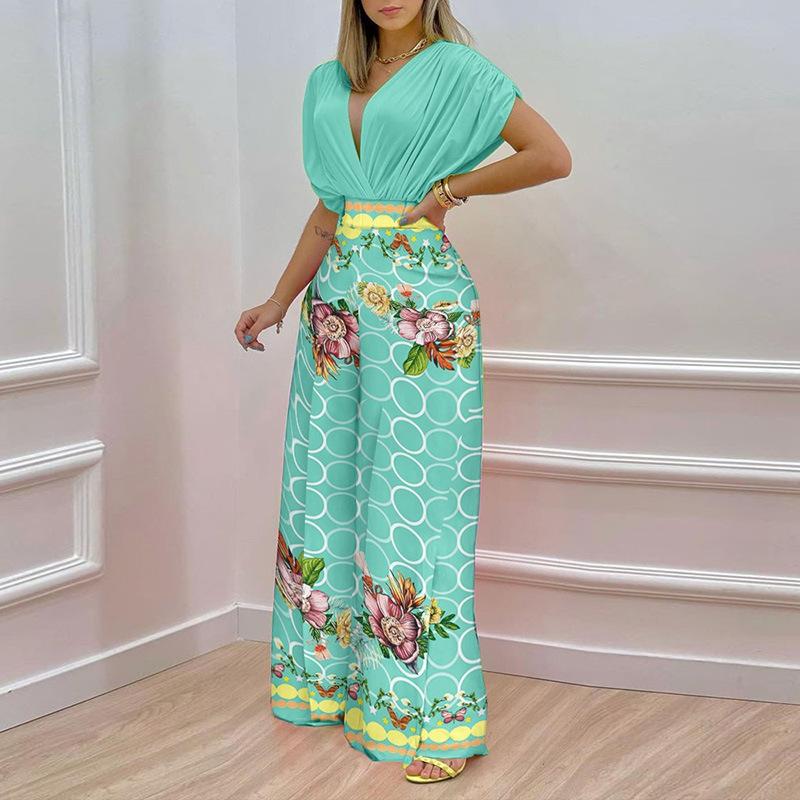 GUJI—291 New Ins-Inspired V-Neck Floral Print Wide-Leg Pants Fashion Casual Set