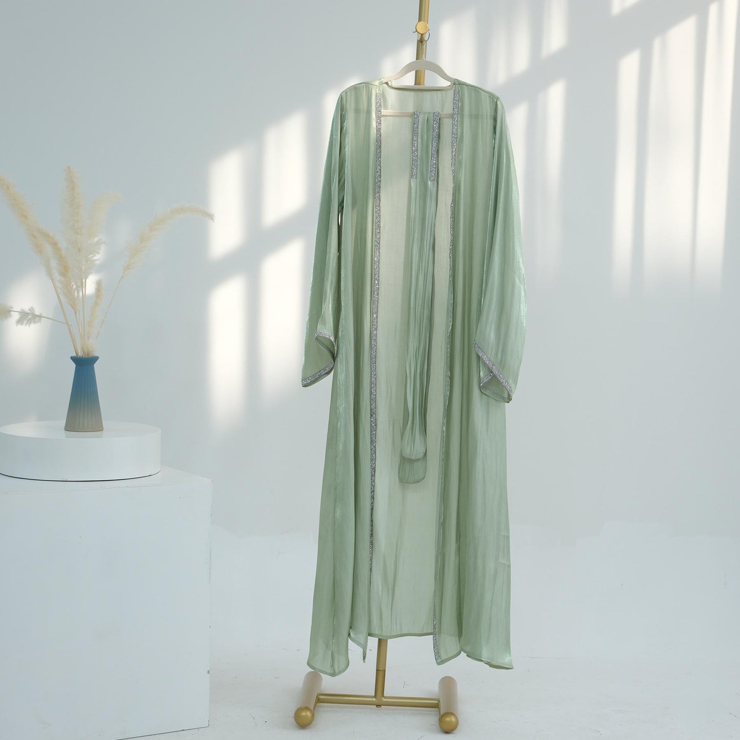 TY-617 Everyday Solid Color Trimmed Long Robe Cardigan