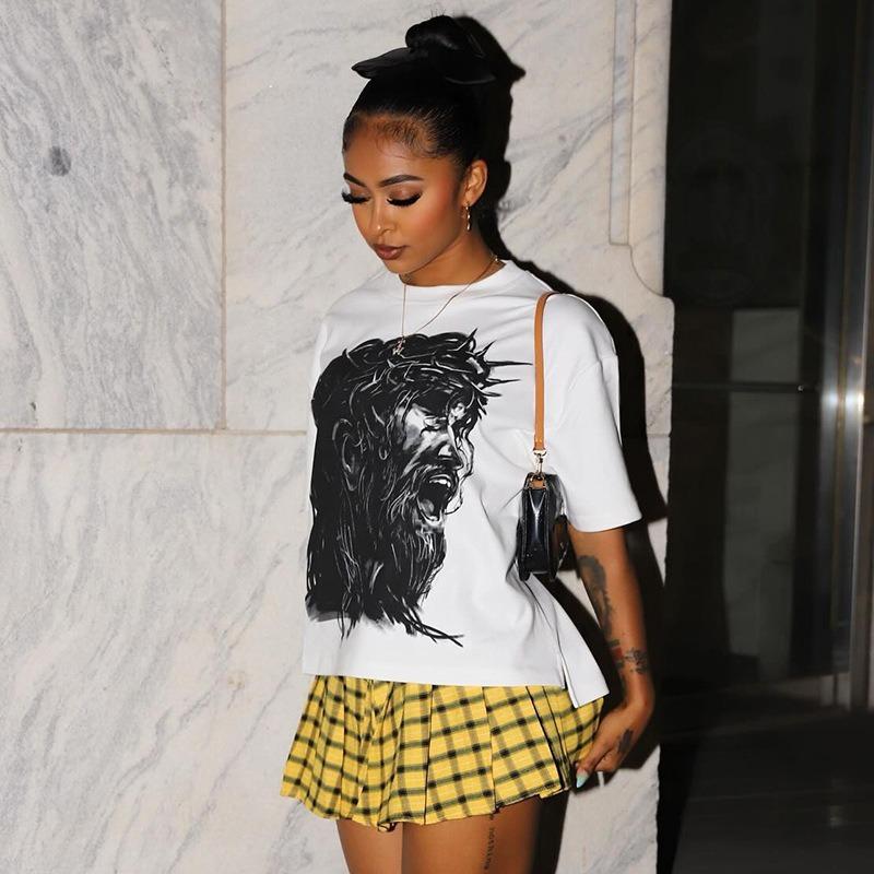 GUJI—130 New Color Block Letter Printed Round Neck Short Sleeve Crop Top Solid Chic T-shirts Customized Fashion baggy