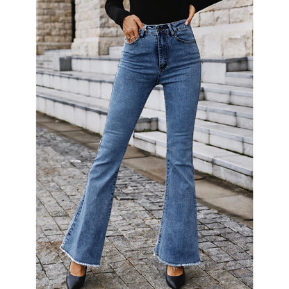 GUJI—191 High-Waisted Spring And Autumn New Style Flared Wide-Leg Elastic Slimming Patchwork Denim Bell-Bottom Pants Fashion teacher clothes