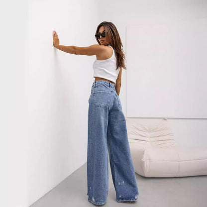 GUJI—171 Vintage Straight-Leg Distressed Jeans - New Wide-Leg Foreign Trade Pants Distressed Denim Fashion