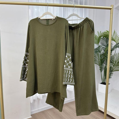 TY-613 Embroidered Top With Wide-Leg Pants Two-Piece Set