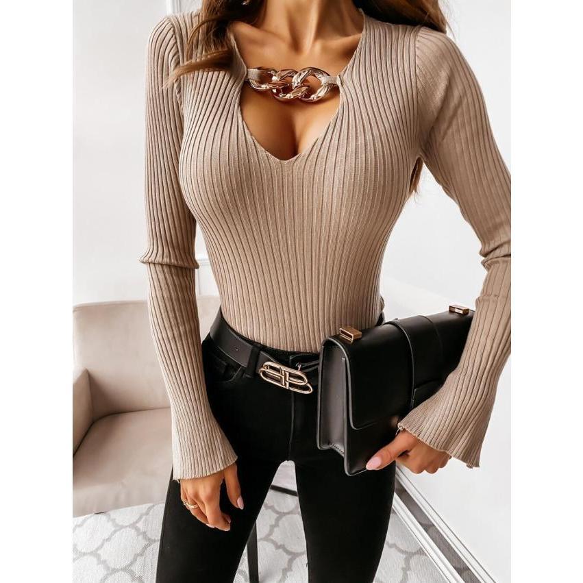 GUJI—19 Elegant Style Mock Neck Long Sleeve V-neck Slim Fit Women's Knit T-shirt Fashion Solid Chic plain minimalist white tanktop she in