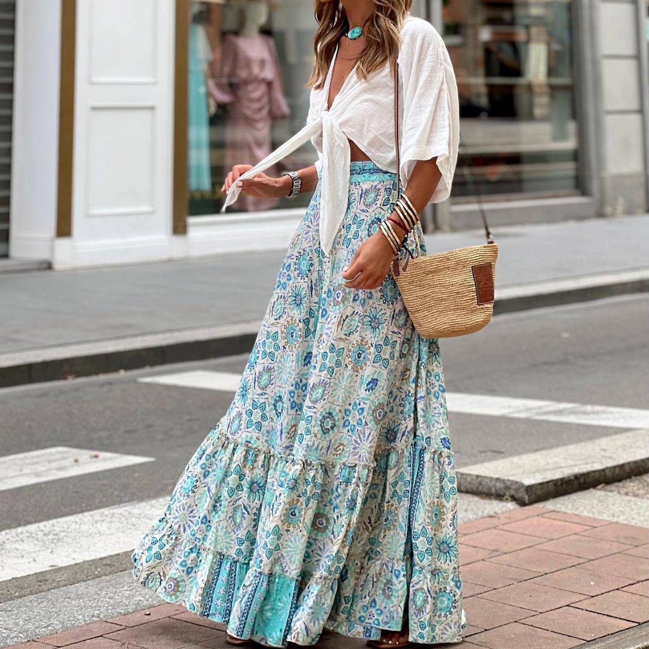 GUJI—-118 New 2024 Summer Casual Vacation Flared Maxi Skirt For Women Elegantfashion
