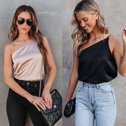 GUJI—13 Women's New Sleeveless One-Shoulder Asymmetrical Neck Satin Tank Top Fashion tubetopandjorts