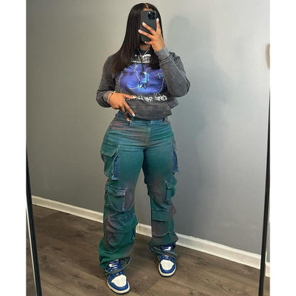 GUJI—222 Fashionable Tie-Dye High-Waisted Straight-Leg Jeans With Multiple Pockets