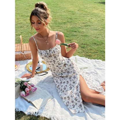 GUJI—140 Milkmaid Sundress Dress Charming Floral Commuter Dress Milkmaidsundressdress Breathable Casual Womenswear Comfort Elegantfashion Dress Shopping Date Dress halter regular casual dresses family uniform she in favorite dress