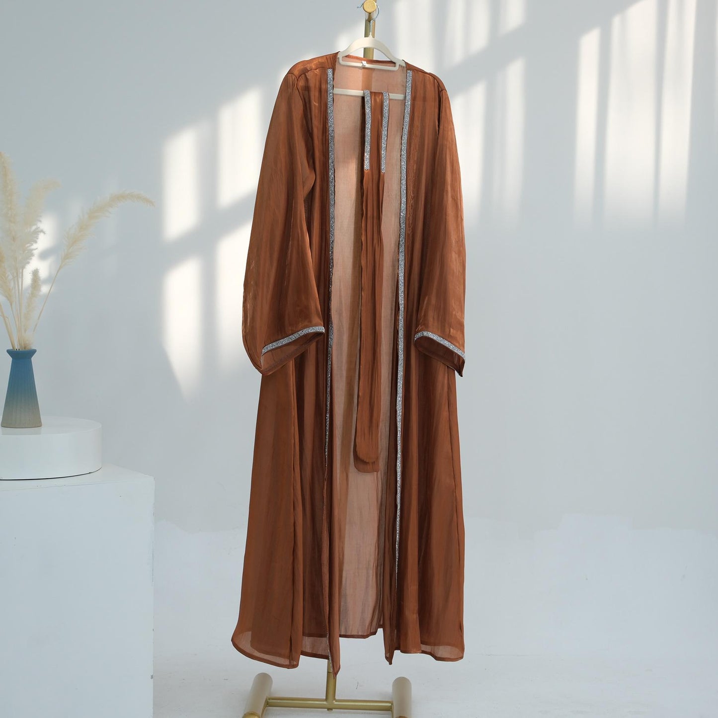 TY-617 Everyday Solid Color Trimmed Long Robe Cardigan
