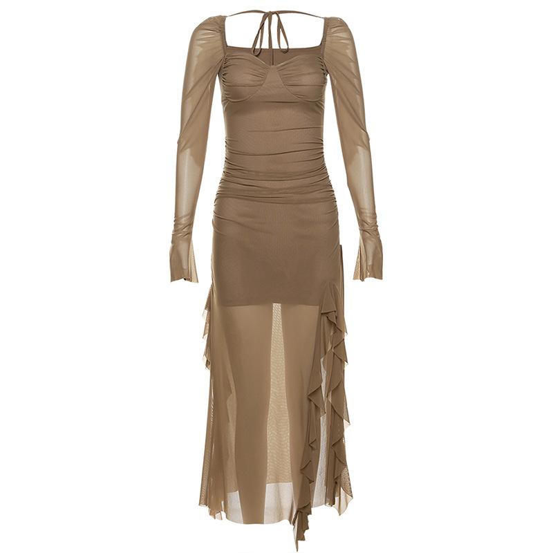 GUJI—161 New Women's Dress With Mesh Ruffle Sleeves And Square Neckline, Unique Design, Long Sleeve Dress Casual Comfort Womenswear Off Shoulder Sexy Formal Dresses Fashion