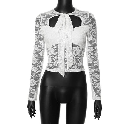 GUJI—359 Solid Color Long Sleeve Tie Hollow Out Top white tanktop slim-fitting fashion