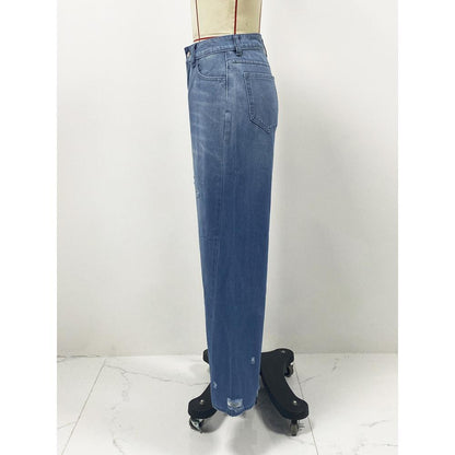 GUJI—171 Vintage Straight-Leg Distressed Jeans - New Wide-Leg Foreign Trade Pants Distressed Denim Fashion