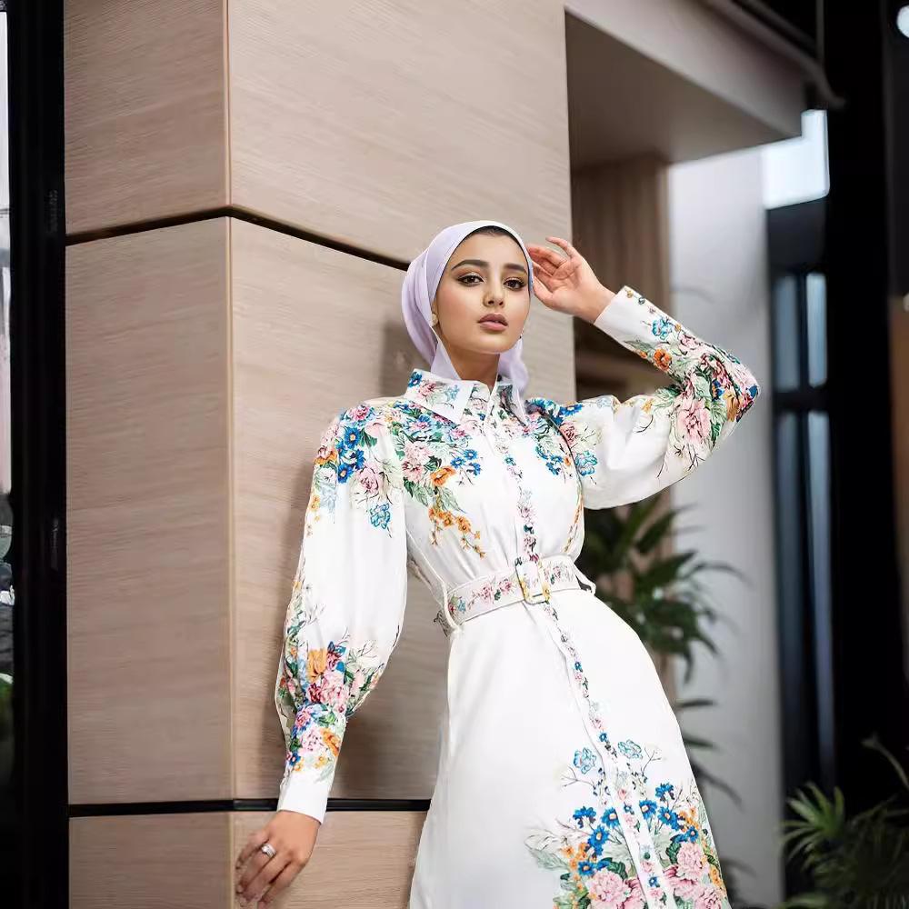 QY29 Women's Printed Mid-Waist Long Dress With Fashionable Lantern Sleeves And Turn-Down Collar Pretty Dress Fashion