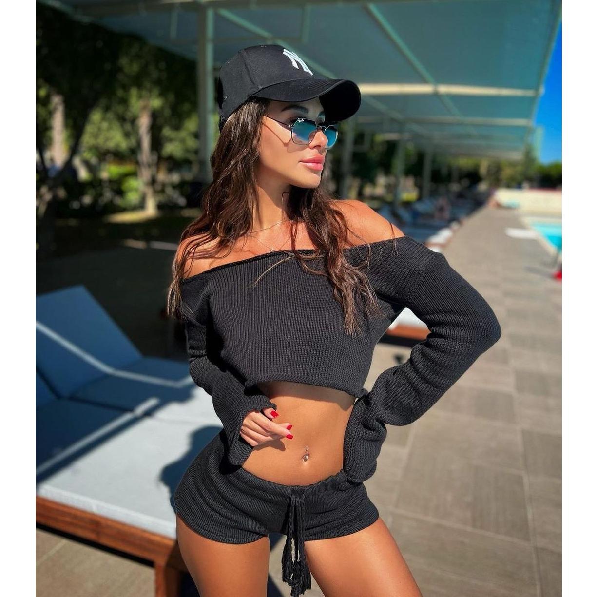 GUJI—9 Women's Autumn/Winter New Long Sleeve Crop Top Sexy Two-Piece Set Fashion