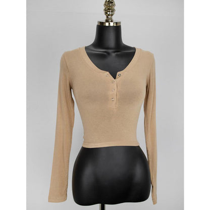 GUJI—16 Slim-Fit Bodycon Half-Open Collar Single-Breasted Long Sleeve Base Shirt, Autumn Sexy Body-Shaping V-Neck Short Top For Women Fashion