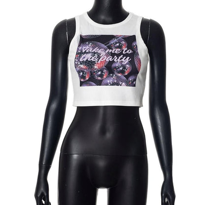 GUJI—128 New Fashion Digital Printed Round Neck Sleeveless Crop Top Fashion Topfashion