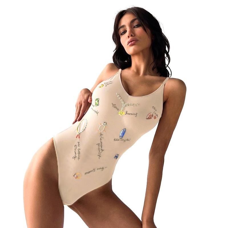 GUJI—401 Summer Floral Mesh Spaghetti Strap Backless Bodysuit