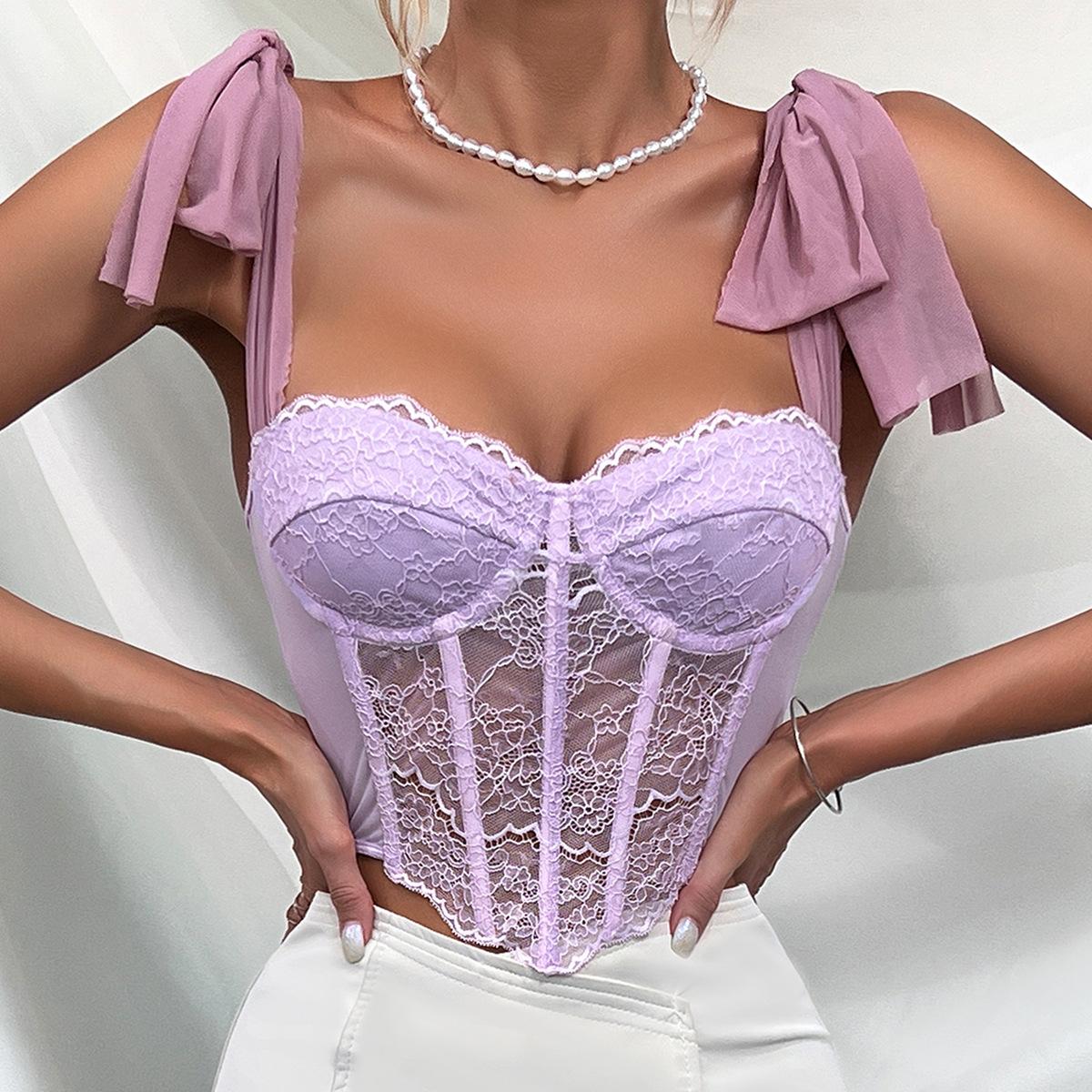 GUJI—152 New Lace Strap INS Style Desire Top With Steel Bone Fishbone Hollow Suspender Straps Crop Vest Tank & Tube Tops Fashion Fit Womenswear Fashion Top Fashion regular sleeve fashion