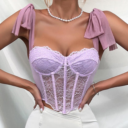 GUJI—152 New Lace Strap INS Style Desire Top With Steel Bone Fishbone Hollow Suspender Straps Crop Vest Tank & Tube Tops Fashion Fit Womenswear Fashion Top Fashion regular sleeve fashion