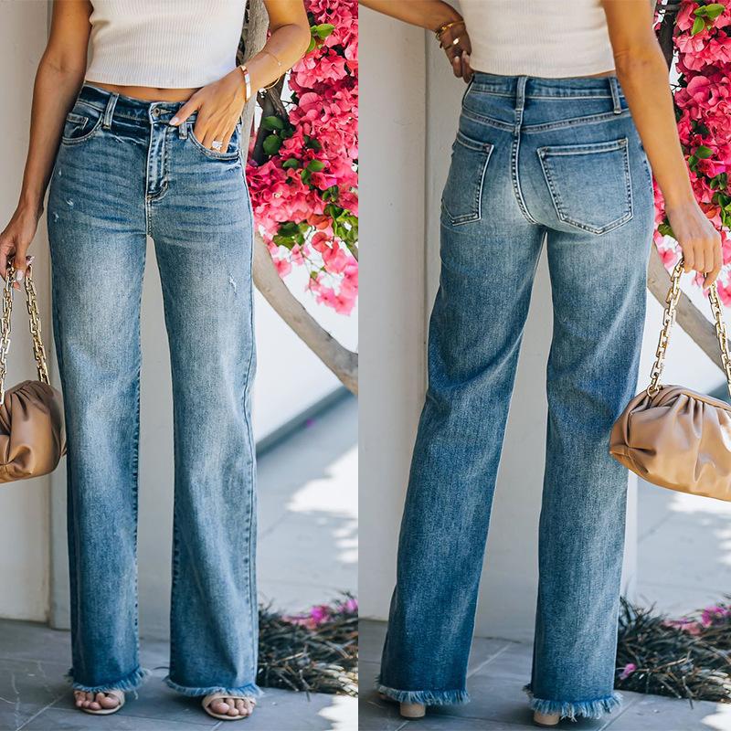 GUJI—172 Women's High-Waisted Distressed Wide-Leg Frayed Hem Jeans Distressed Denim Fashion pants trouserpants