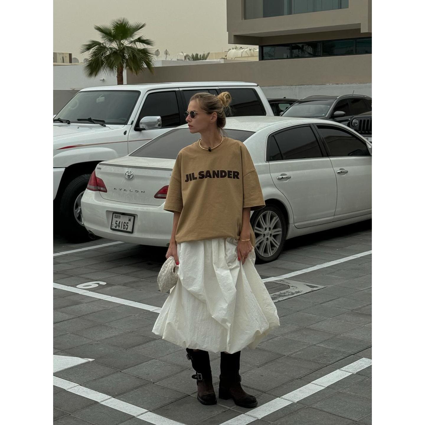 GUJI—70 Simple Basic Letter Print T-Shirt For Women Summer INS Style Loose Round Neck Mid-Length Topfashion white tanktop regular sleeve fashion