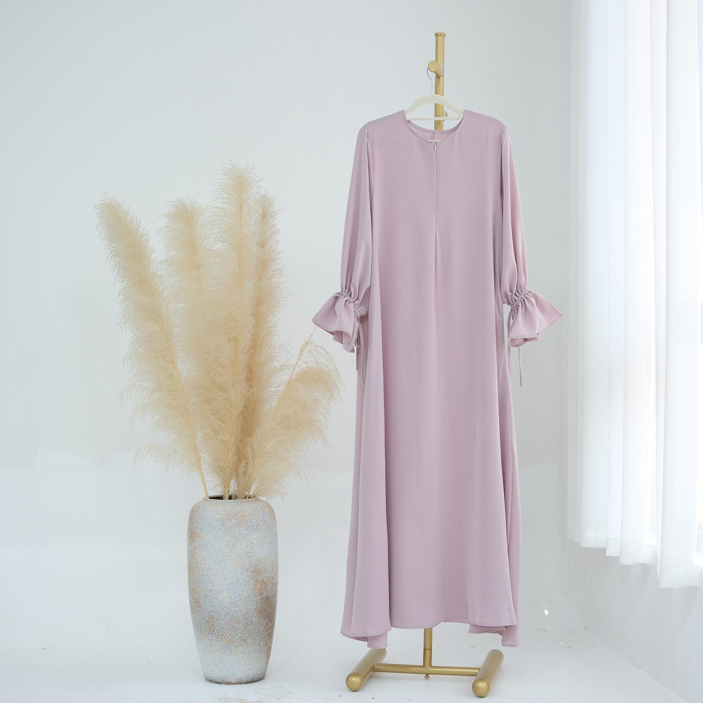 TY-605 Bell Sleeve Solid Color Ankle-Length Dress