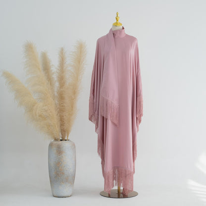 TY-611 Abaya Solid Color Elegant Batwing Tassel Dress