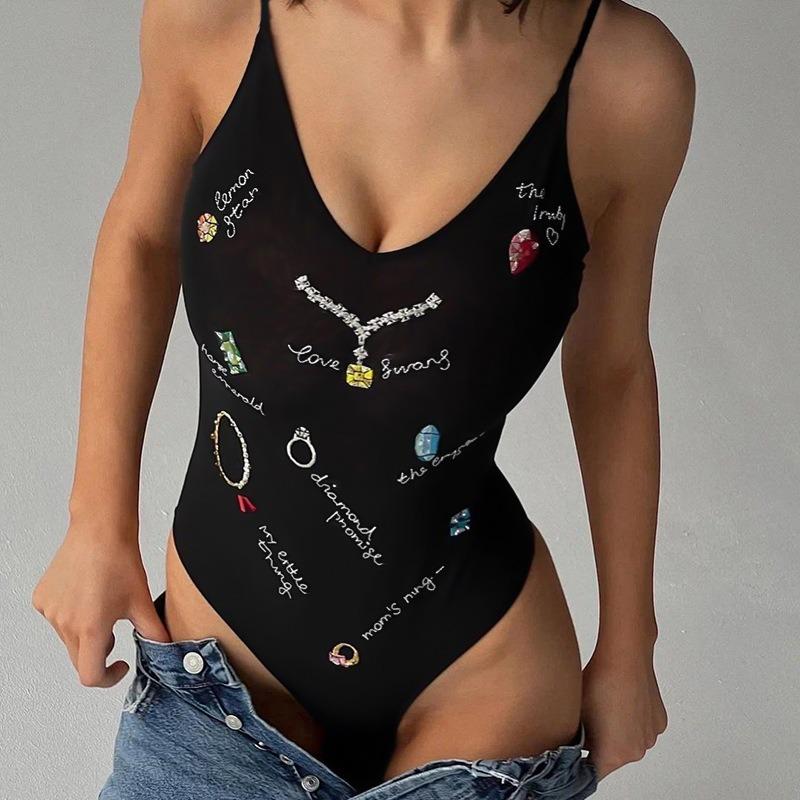 GUJI—401 Summer Floral Mesh Spaghetti Strap Backless Bodysuit