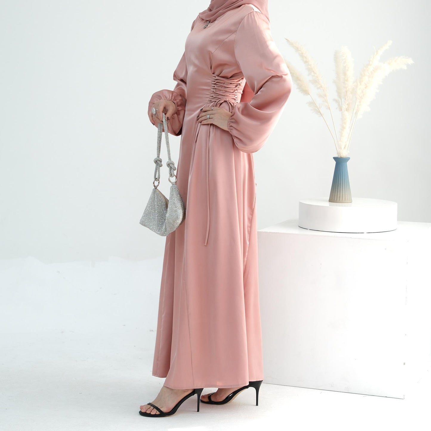 TY-603 Abaya Solid Color High-Neck Slim-Fit Ribbon Dress
