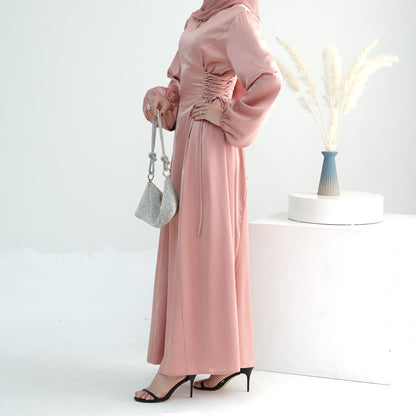 TY-603 Abaya Solid Color High-Neck Slim-Fit Ribbon Dress