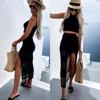 GUJI—43 New Women's Summer Two-Piece Set: Short Top With Side Slit And Bodycon Midi Skirt Fashion