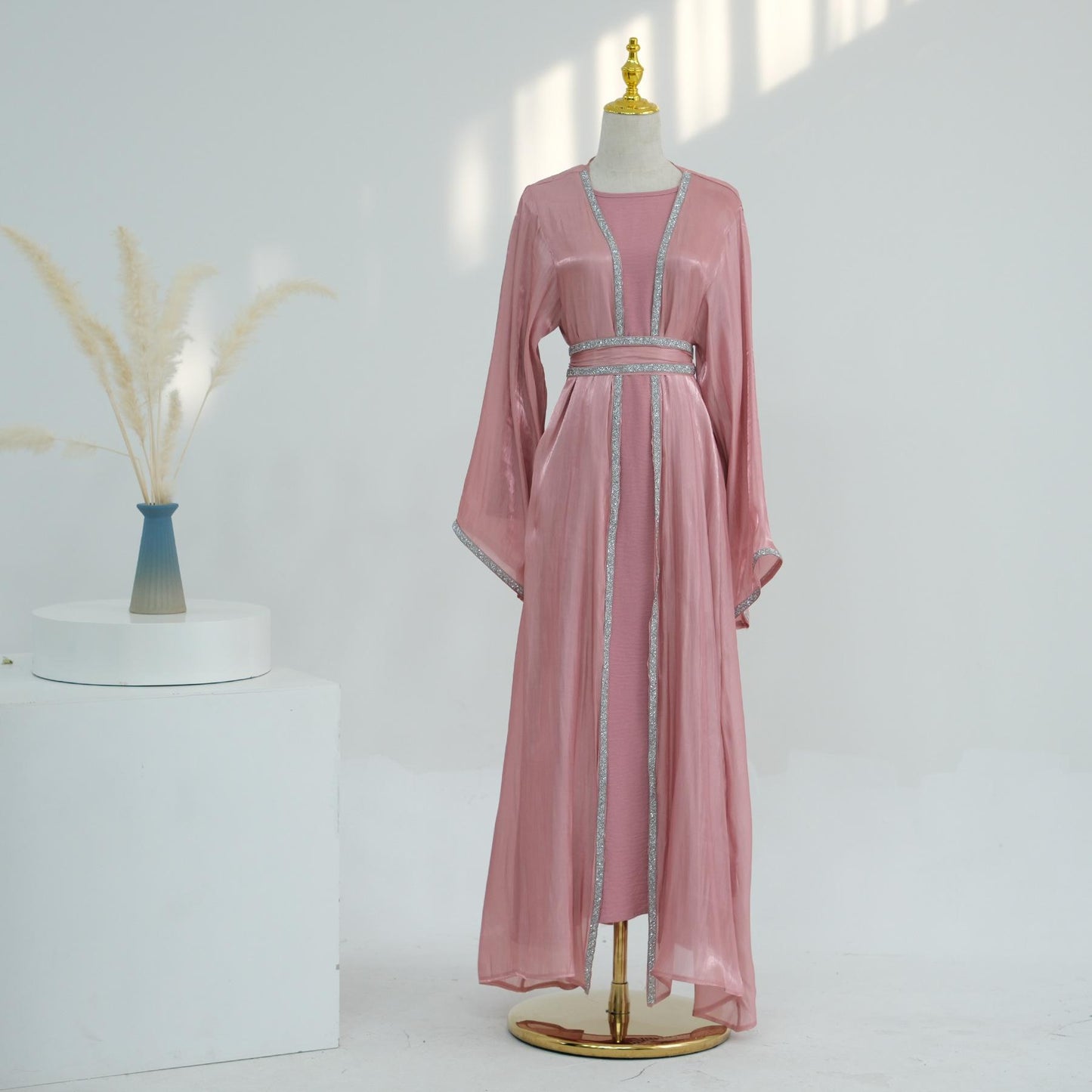 TY-617 Everyday Solid Color Trimmed Long Robe Cardigan