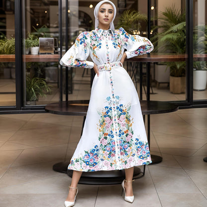 QY29 Women's Printed Mid-Waist Long Dress With Fashionable Lantern Sleeves And Turn-Down Collar Pretty Dress Fashion