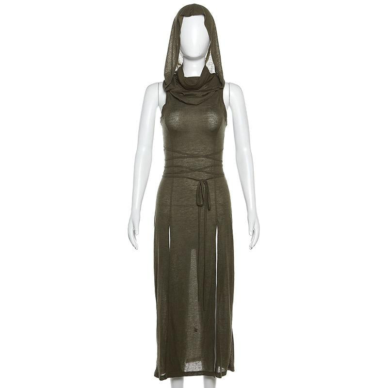 GUJI—250 Hooded Sleeveless Cutout Maxi Dress With Slits
