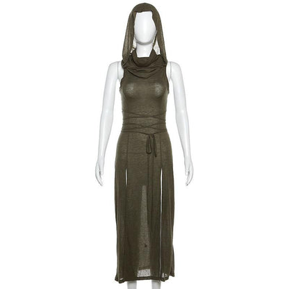GUJI—250 Hooded Sleeveless Cutout Maxi Dress With Slits