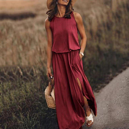 GUJI—331 Simple Sleeveless Round Neck Slit Dress