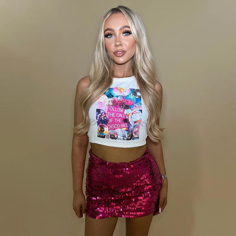 GUJI—128 New Fashion Digital Printed Round Neck Sleeveless Crop Top Fashion Topfashion