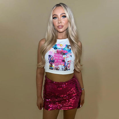GUJI—128 New Fashion Digital Printed Round Neck Sleeveless Crop Top Fashion Topfashion